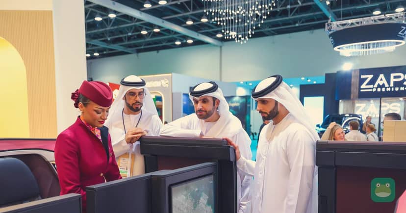 Visitors try Qsuite Next Gen at Qatar Airways' pavilion at Arabian Travel Market 2026 in Dubai.